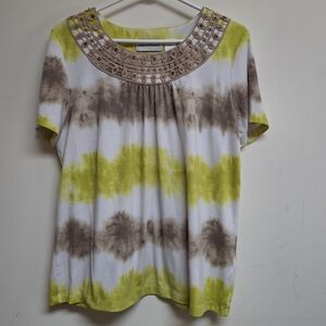 Alfred Dunner Boat Neck Blouse Med Lime/Brown Tie-dye Poly Blend Business Casual